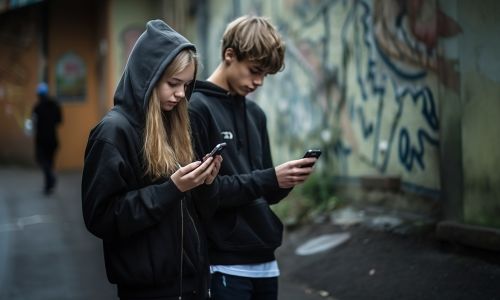 due adolescenti con il cellulare in mano, ignari dei pericoli del web, creano profili spam sui social